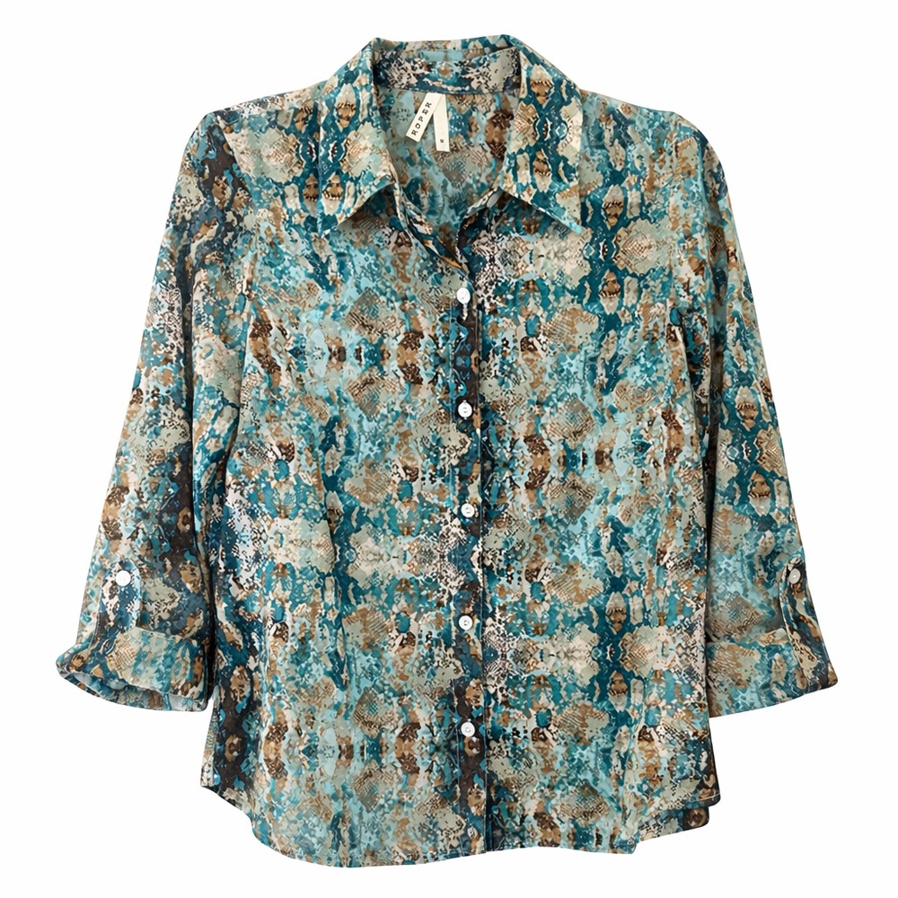 ROPER Turquoise Python Western Button Shirt – Roll Tab Sleeves, Size M